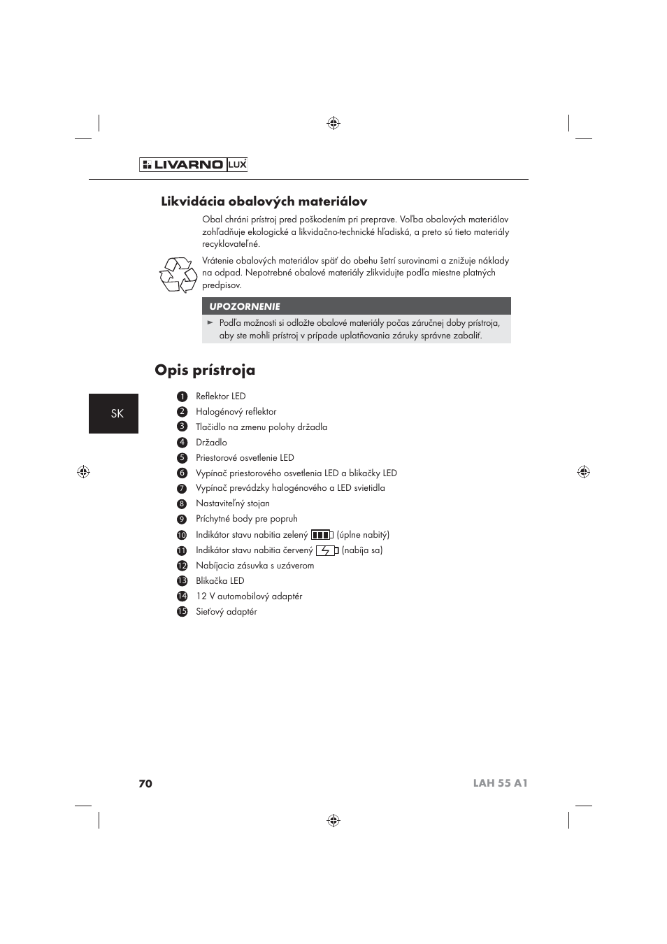 Opis prístroja, Likvidácia obalových materiálov | Livarno LAH 55 A1 User Manual | Page 72 / 92