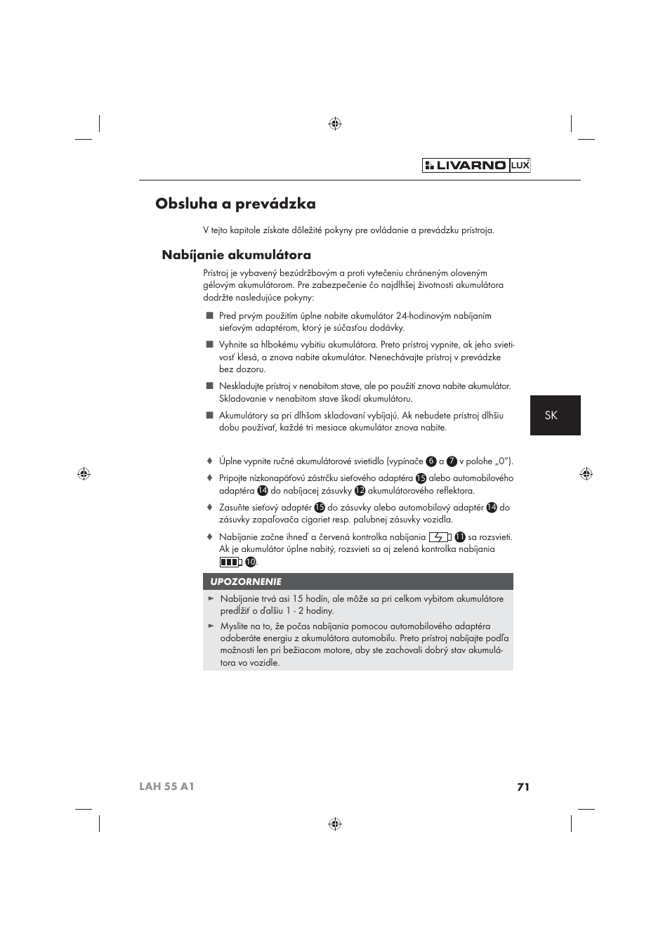 Obsluha a prevádzka, Nabíjanie akumulátora | Livarno LAH 55 A1 User Manual | Page 73 / 92