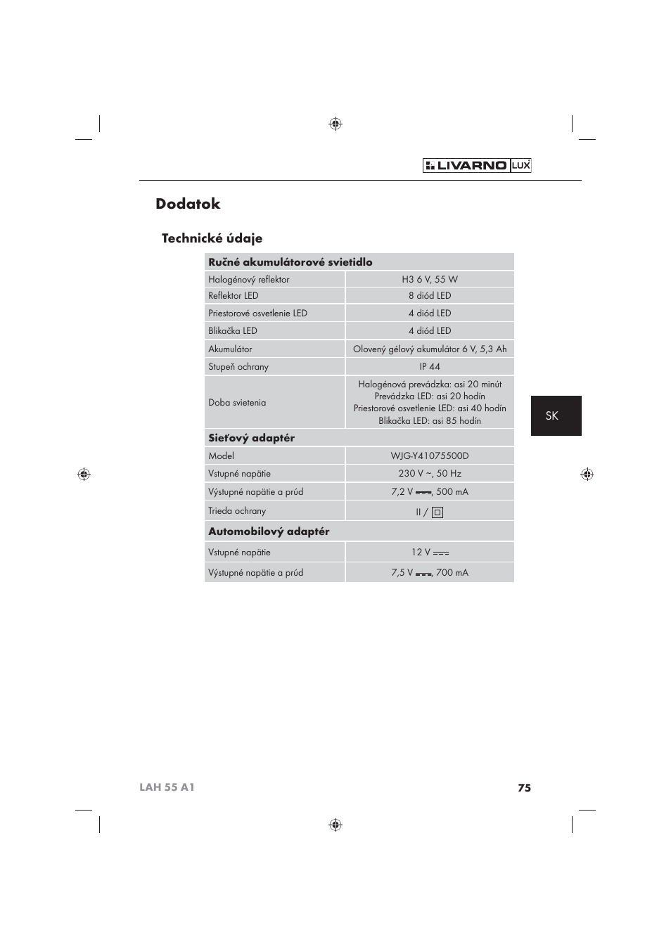 Dodatok, Technické údaje | Livarno LAH 55 A1 User Manual | Page 77 / 92