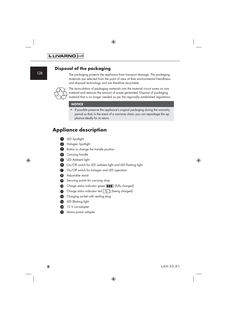 Appliance description, Disposal of the packaging | Livarno LAH 55 A1 User Manual | Page 8 / 92