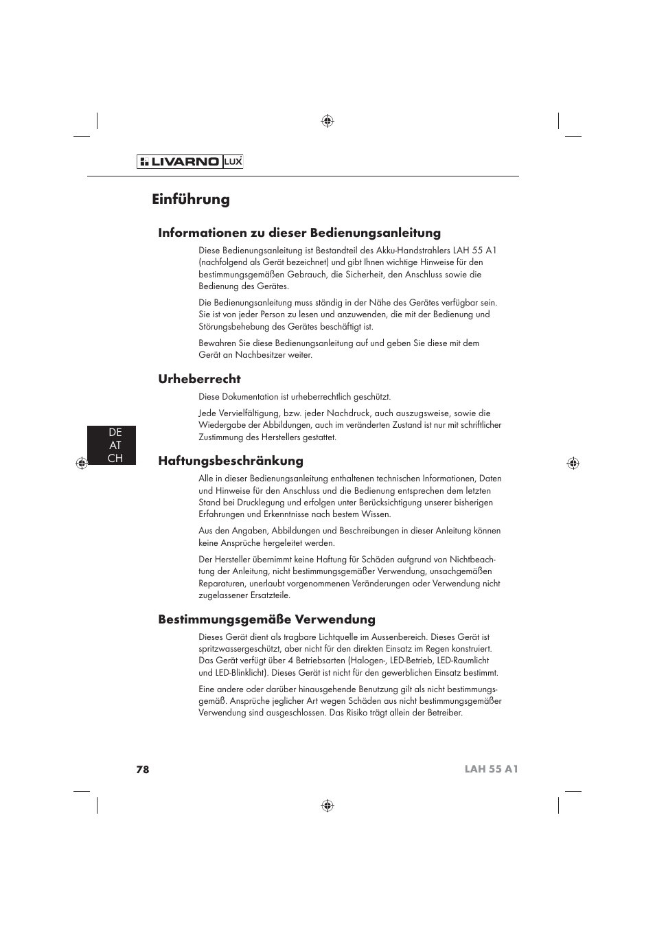 Einführung, Informationen zu dieser bedienungsanleitung, Urheberrecht | Haftungsbeschränkung, Bestimmungsgemäße verwendung, De at ch | Livarno LAH 55 A1 User Manual | Page 80 / 92