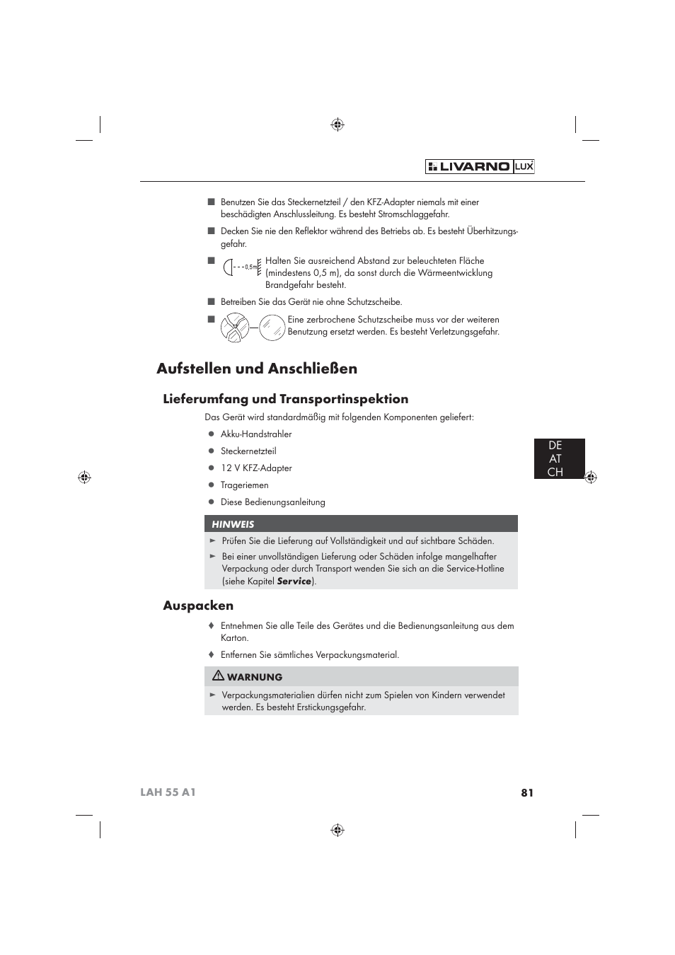 Aufstellen und anschließen, Lieferumfang und transportinspektion, Auspacken | De at ch | Livarno LAH 55 A1 User Manual | Page 83 / 92