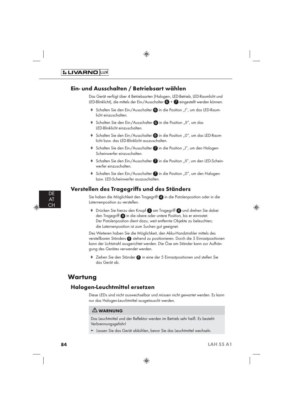 Wartung, Ein- und ausschalten / betriebsart wählen, Verstellen des tragegriﬀ s und des ständers | Halogen-leuchtmittel ersetzen, De at ch | Livarno LAH 55 A1 User Manual | Page 86 / 92