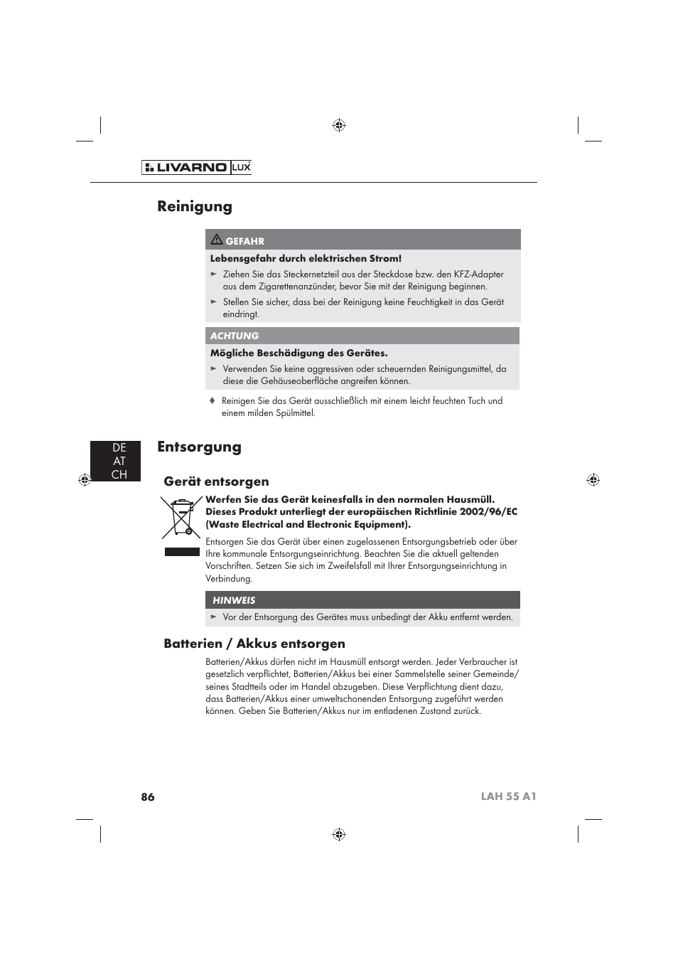 Reinigung, Entsorgung, Gerät entsorgen | Batterien / akkus entsorgen, De at ch | Livarno LAH 55 A1 User Manual | Page 88 / 92