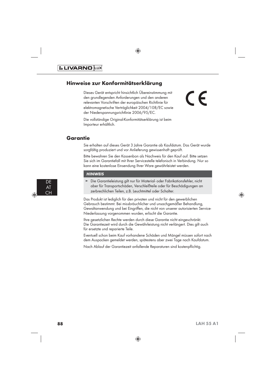 Hinweise zur konformitätserklärung, Garantie, De at ch | Livarno LAH 55 A1 User Manual | Page 90 / 92