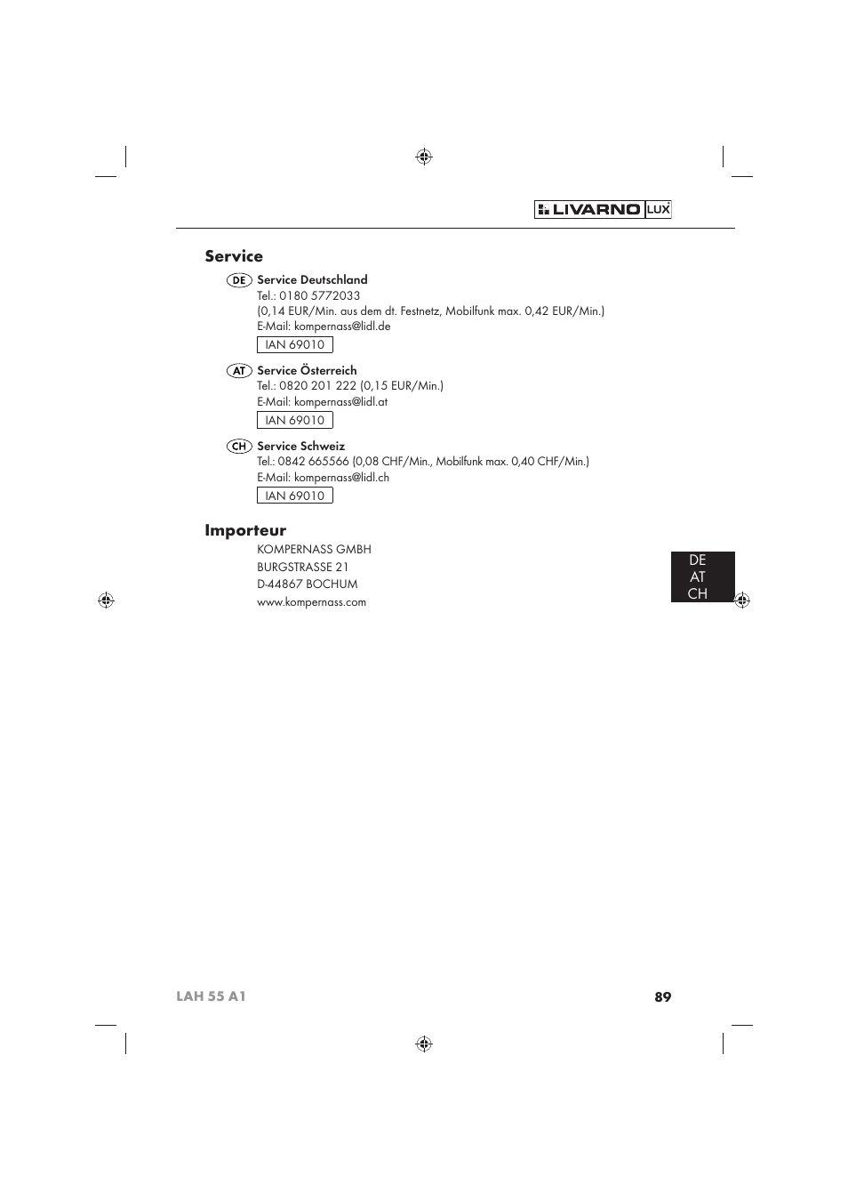 Service, Importeur, De at ch | Livarno LAH 55 A1 User Manual | Page 91 / 92