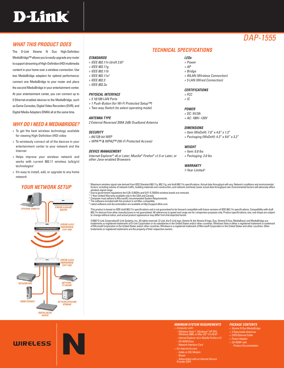 Dap-1555, Technical specifications, What this product does | Why do i need a mediabridge, Your network setup | D-Link DAP-1555 User Manual | Page 2 / 2