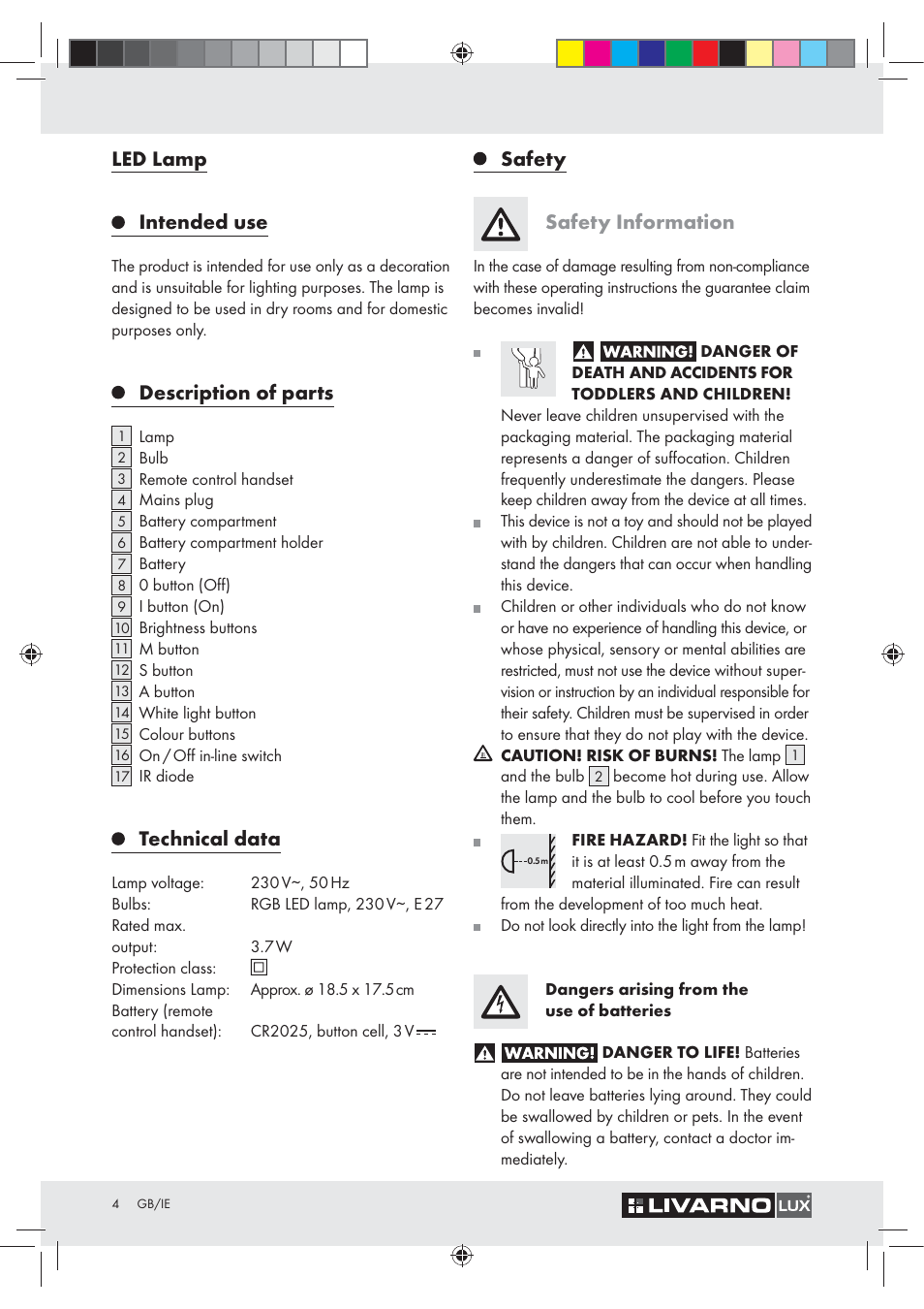 Led lamp, Intended use, Description of parts | Technical data, Safety safety information | Livarno Z31043-BS User Manual | Page 4 / 8