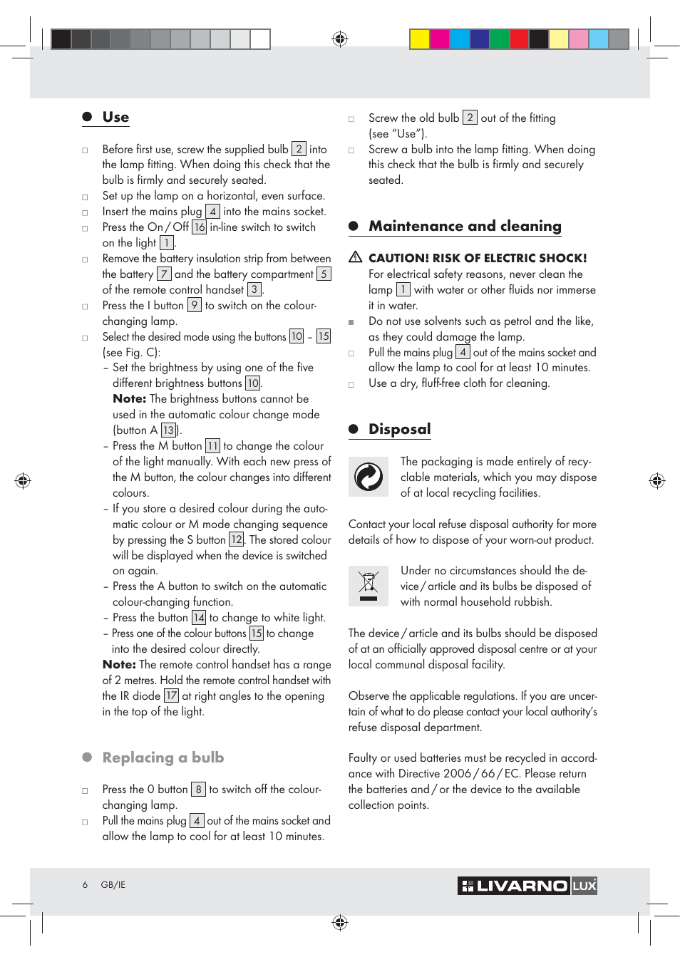 Replacing a bulb, Maintenance and cleaning, Disposal | Livarno Z31043-BS User Manual | Page 6 / 8