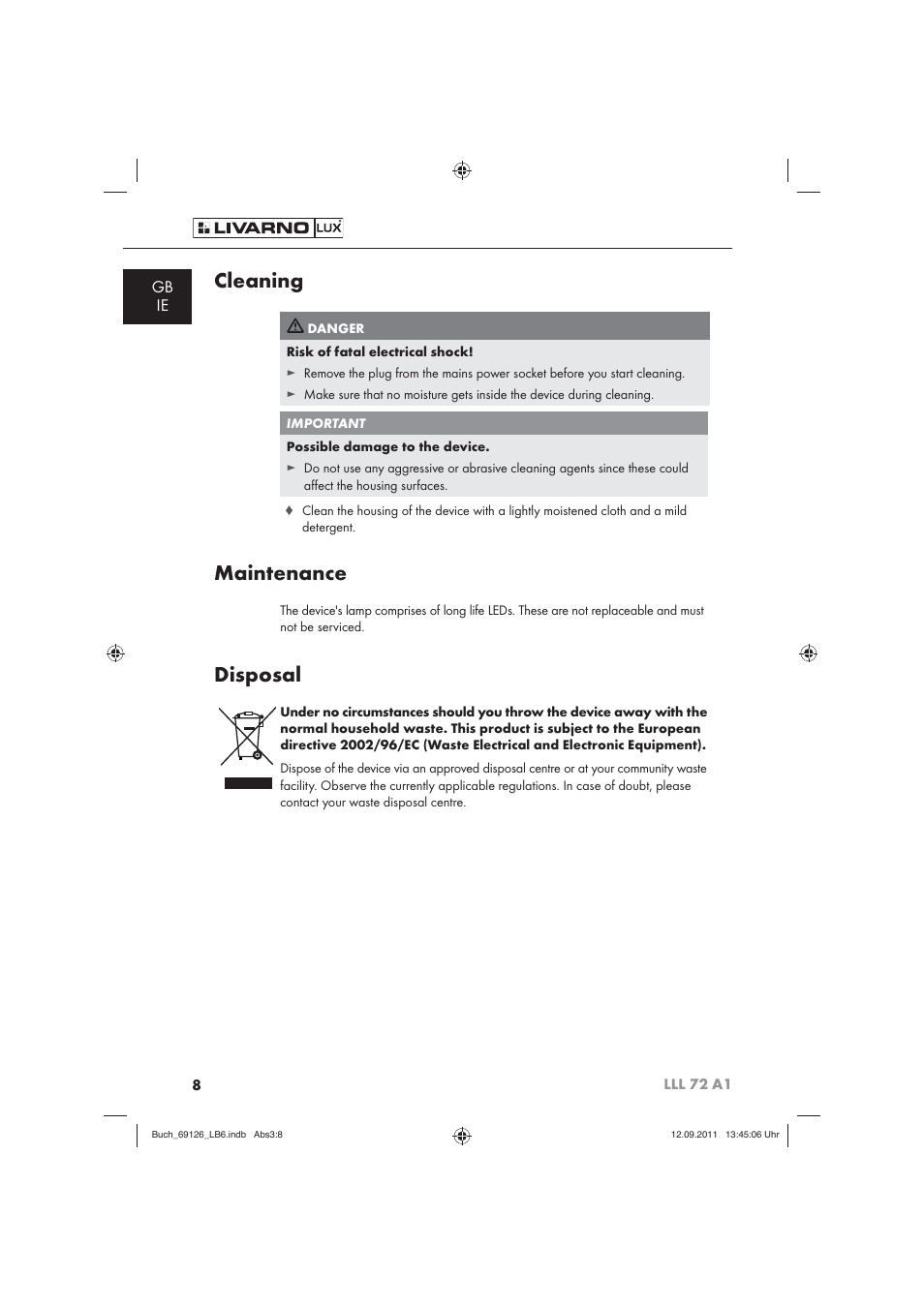 Cleaning, Maintenance, Disposal | Gb ie | Livarno LLL 72 A1 User Manual | Page 10 / 13