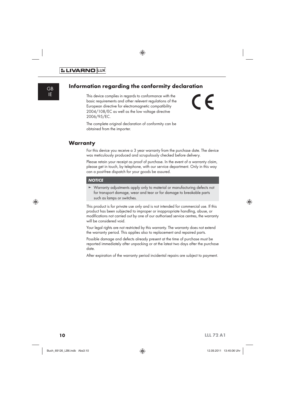 Information regarding the conformity declaration, Warranty, Gb ie | Livarno LLL 72 A1 User Manual | Page 12 / 13