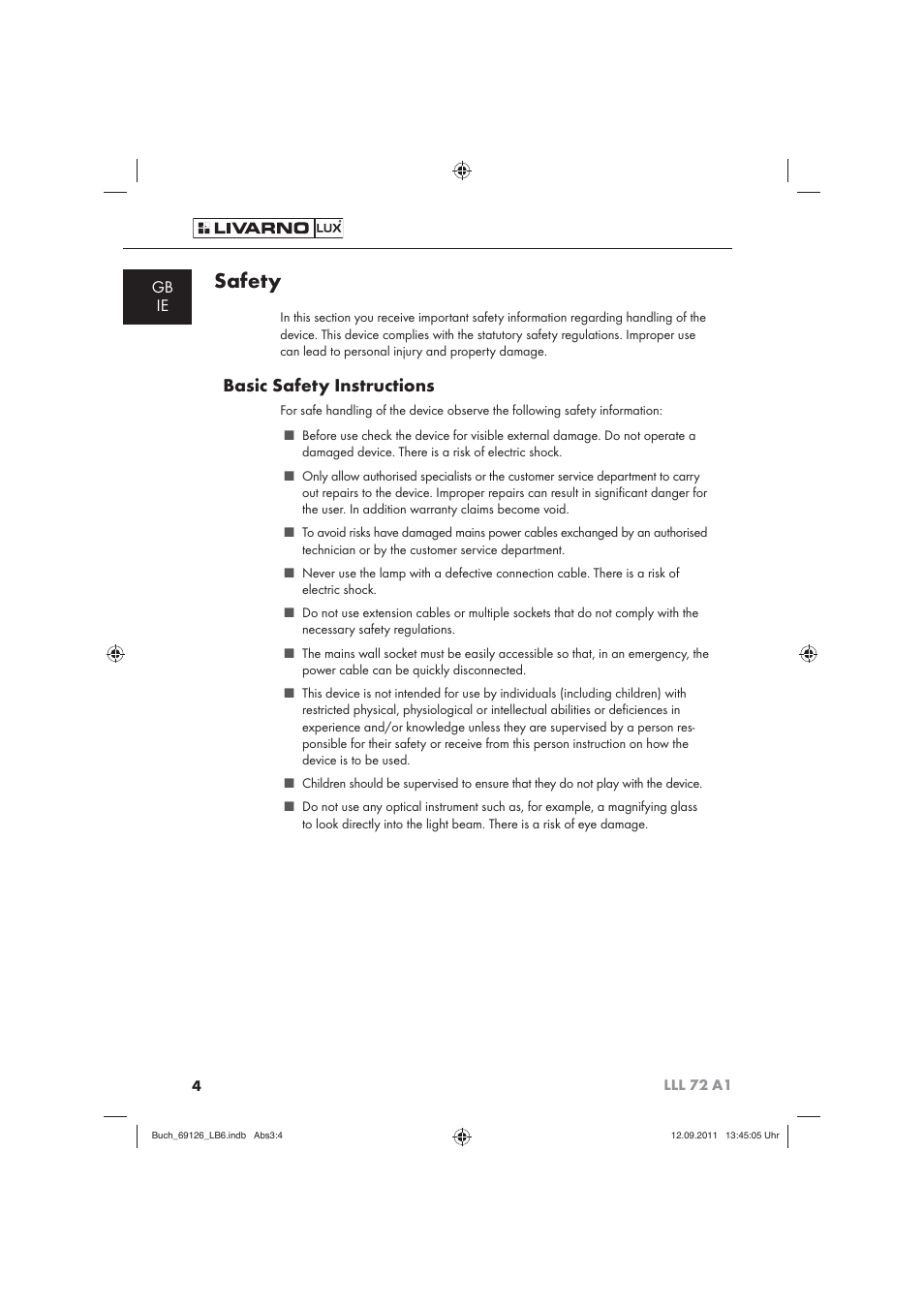 Safety, Basic safety instructions, Gb ie | Livarno LLL 72 A1 User Manual | Page 6 / 13