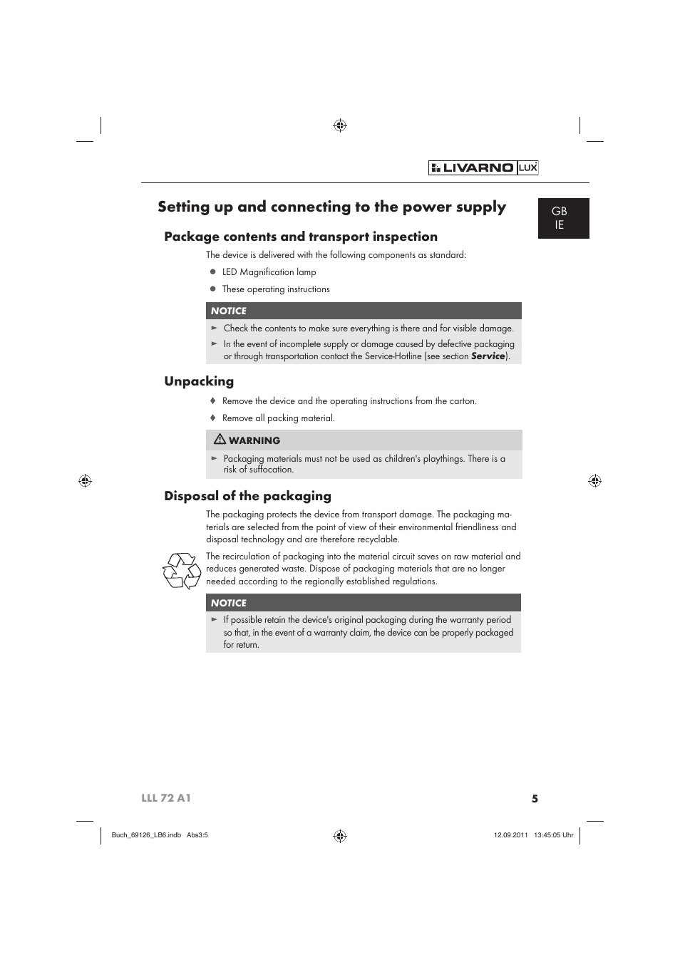 Setting up and connecting to the power supply, Package contents and transport inspection, Unpacking | Disposal of the packaging, Gb ie | Livarno LLL 72 A1 User Manual | Page 7 / 13