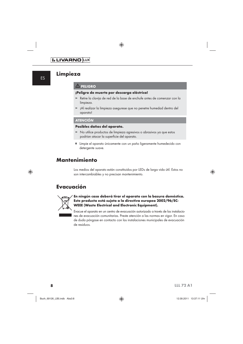 Limpieza, Mantenimiento, Evacuación | Livarno LLL 72 A1 User Manual | Page 10 / 61