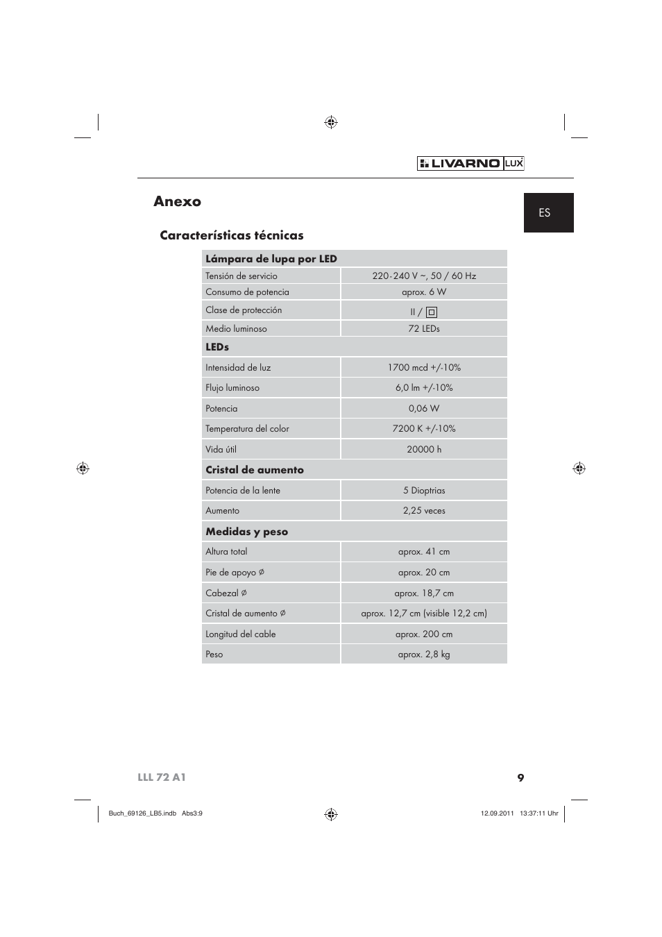 Anexo, Características técnicas | Livarno LLL 72 A1 User Manual | Page 11 / 61