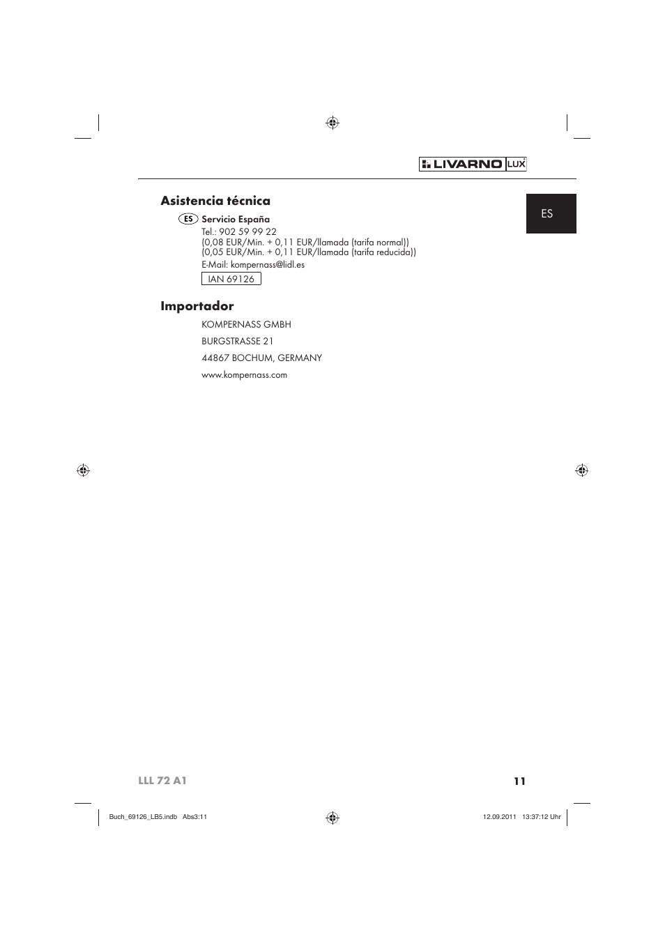 Asistencia técnica, Importador | Livarno LLL 72 A1 User Manual | Page 13 / 61