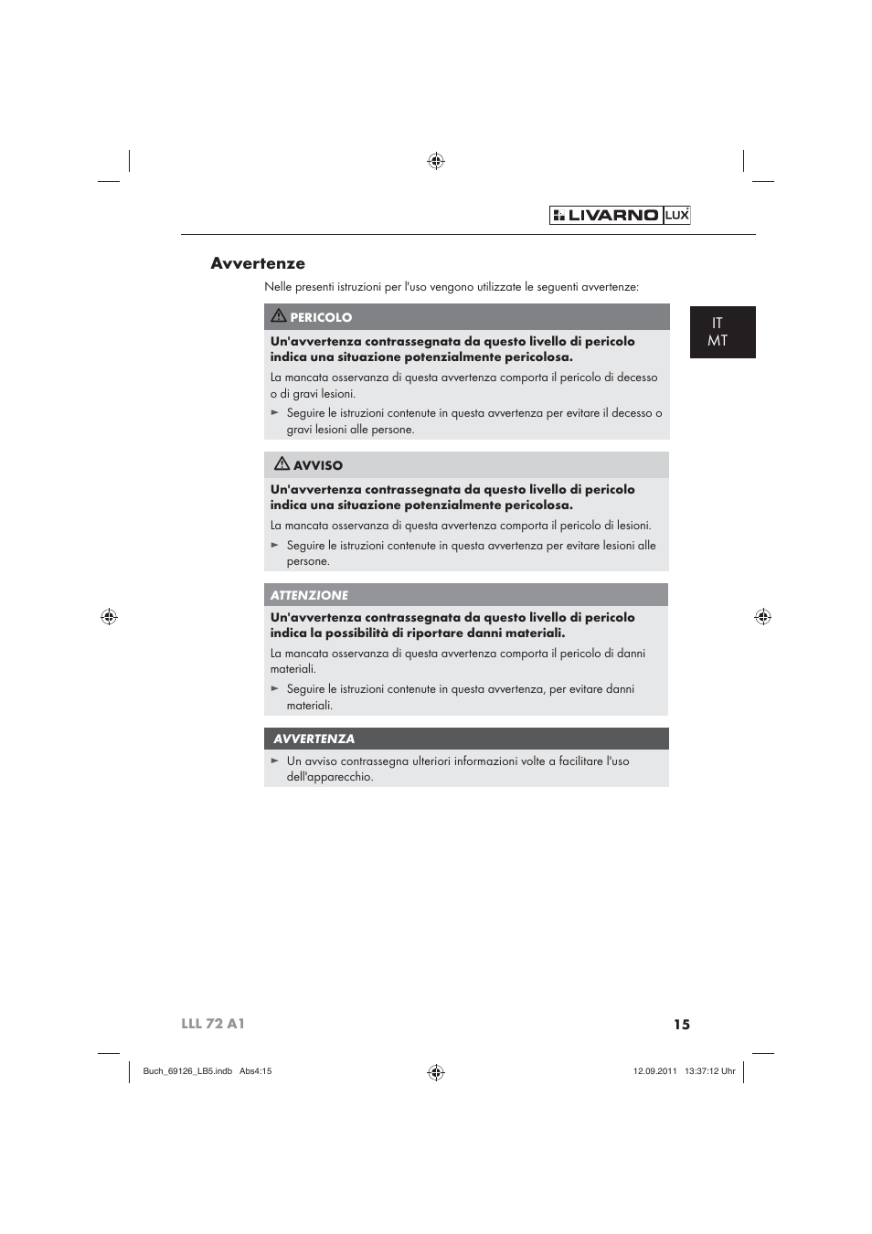 Avvertenze, It mt | Livarno LLL 72 A1 User Manual | Page 17 / 61