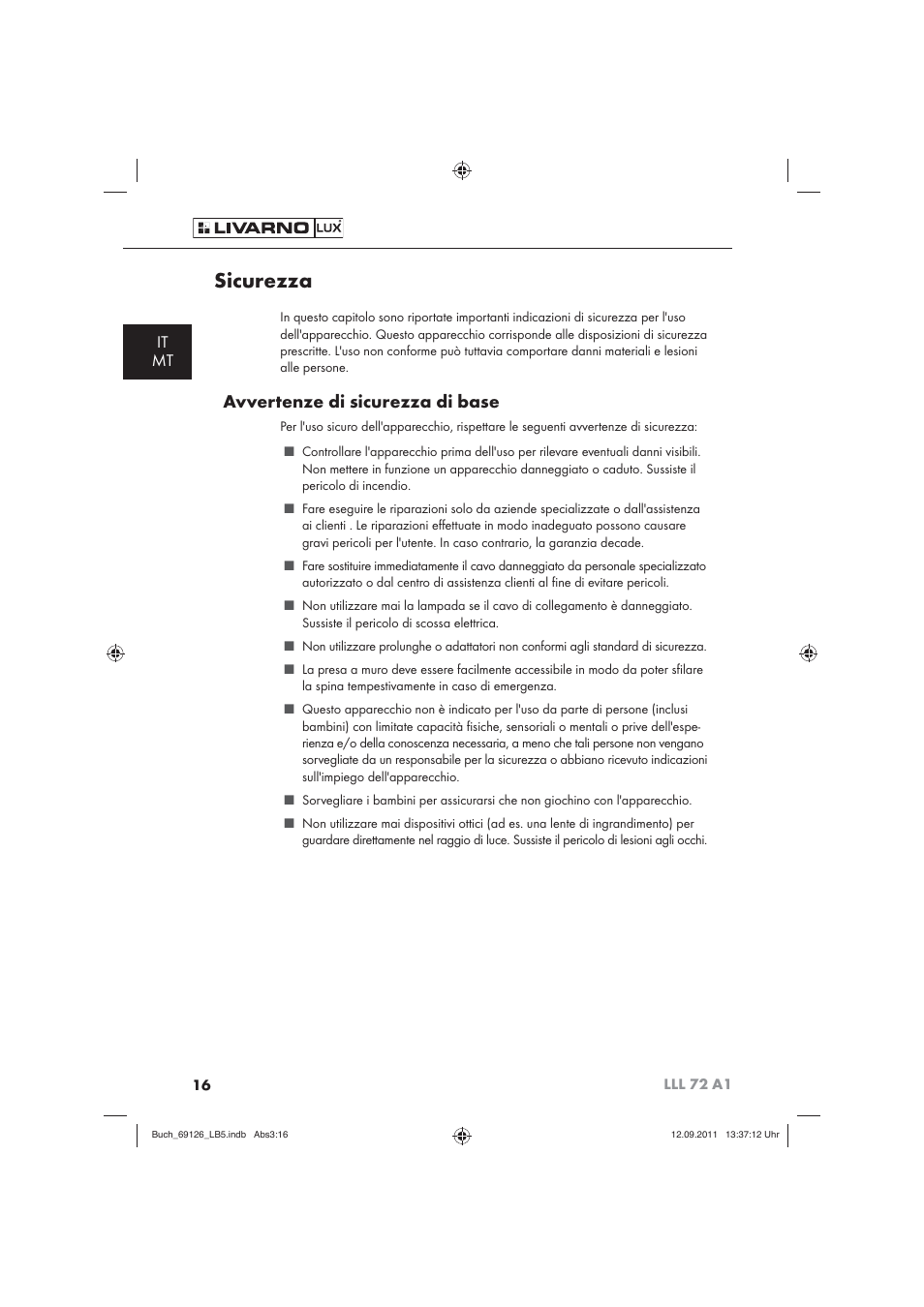 Sicurezza, Avvertenze di sicurezza di base, It mt | Livarno LLL 72 A1 User Manual | Page 18 / 61