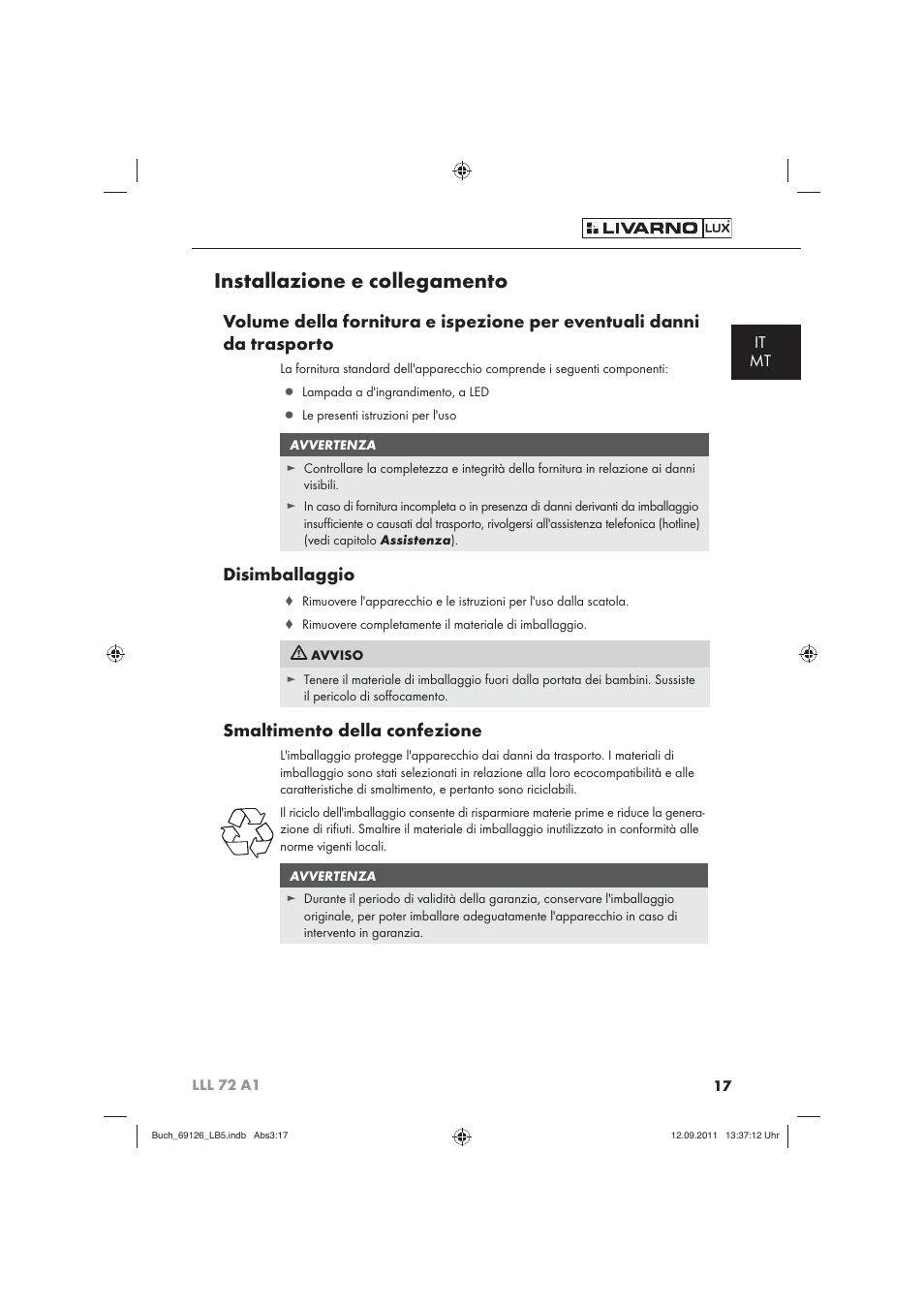 Installazione e collegamento, Disimballaggio, Smaltimento della confezione | It mt | Livarno LLL 72 A1 User Manual | Page 19 / 61