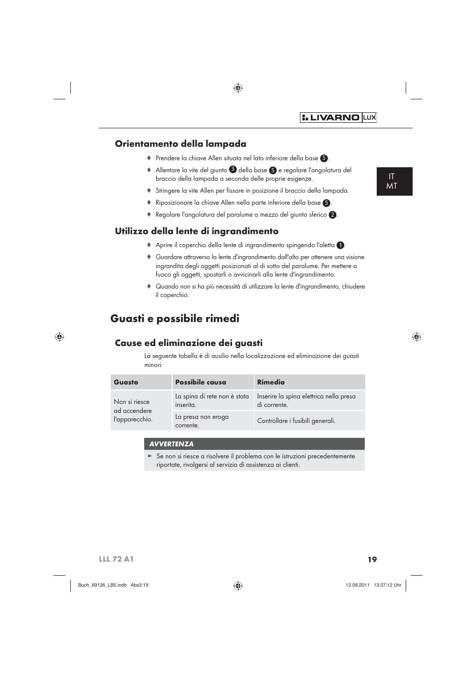 Guasti e possibile rimedi, Orientamento della lampada, Utilizzo della lente di ingrandimento | Cause ed eliminazione dei guasti, It mt | Livarno LLL 72 A1 User Manual | Page 21 / 61