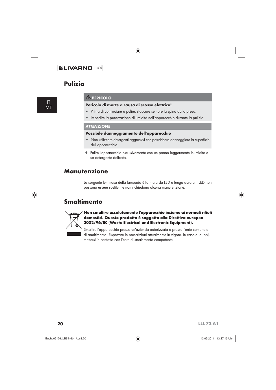 Pulizia, Manutenzione, Smaltimento | It mt | Livarno LLL 72 A1 User Manual | Page 22 / 61