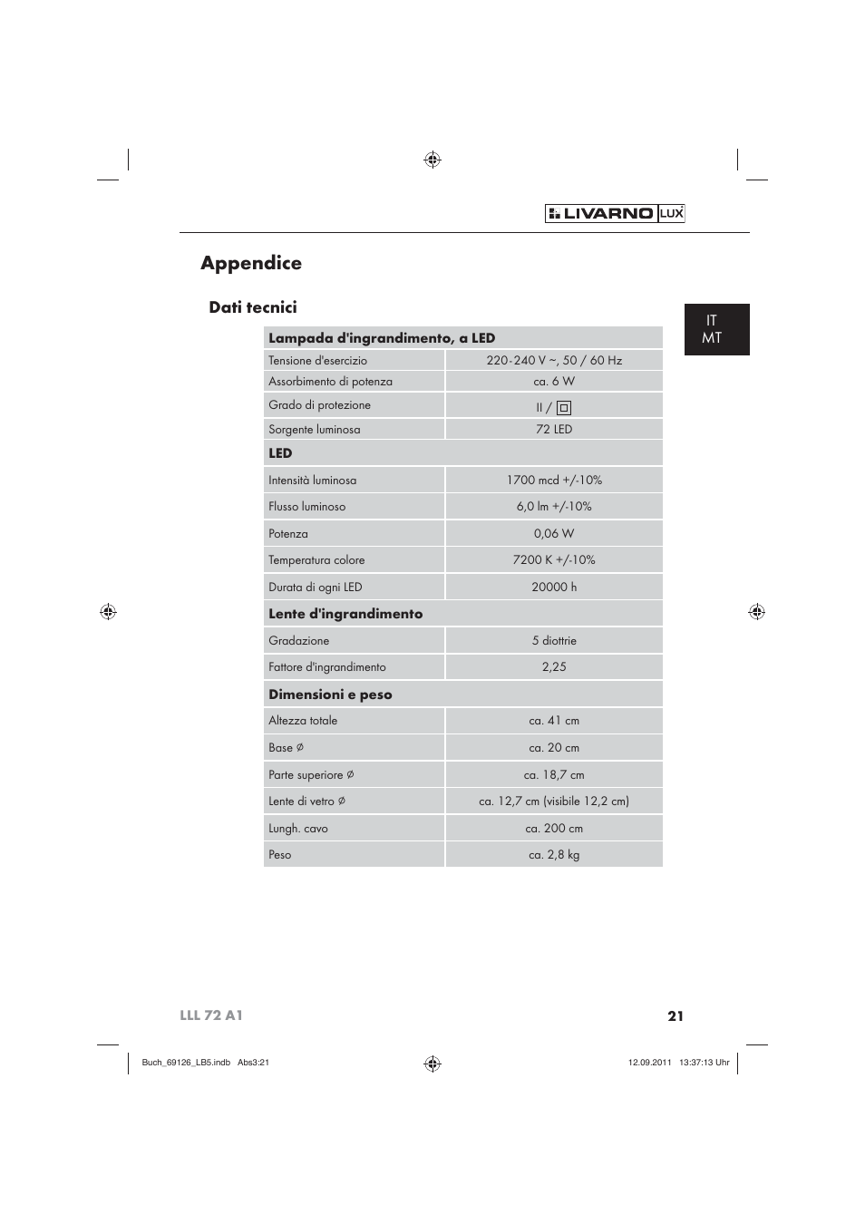 Appendice, Dati tecnici, It mt | Livarno LLL 72 A1 User Manual | Page 23 / 61