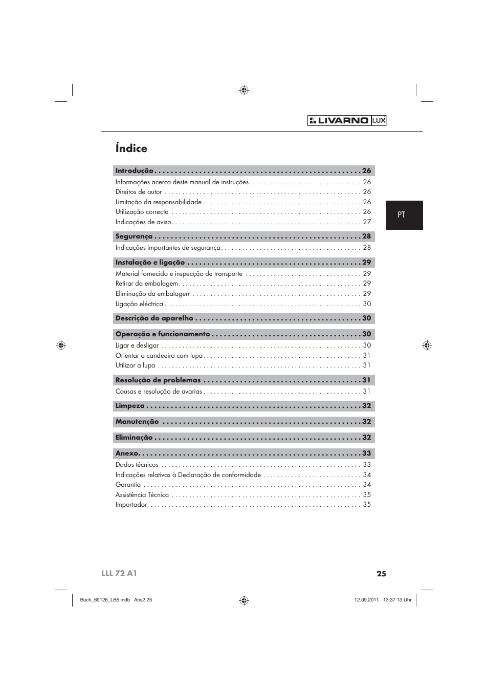 Índice | Livarno LLL 72 A1 User Manual | Page 27 / 61