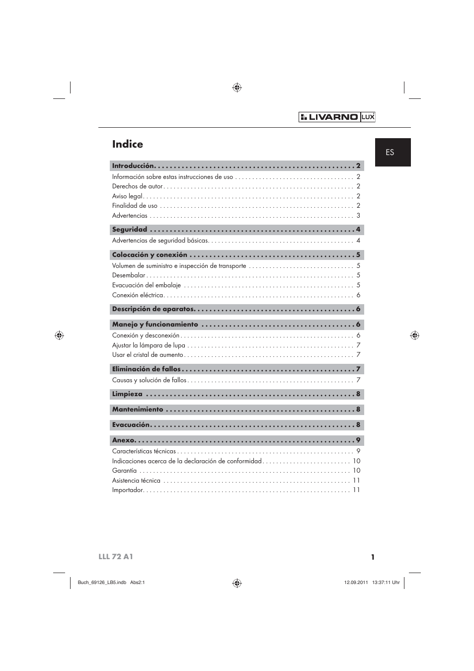 Indice | Livarno LLL 72 A1 User Manual | Page 3 / 61