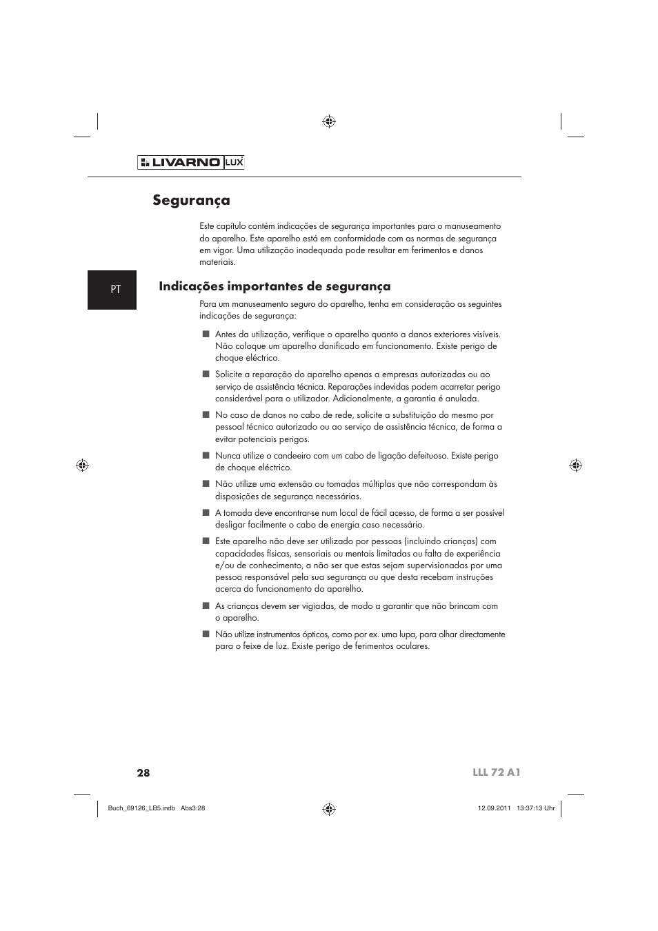 Segurança, Indicações importantes de segurança | Livarno LLL 72 A1 User Manual | Page 30 / 61