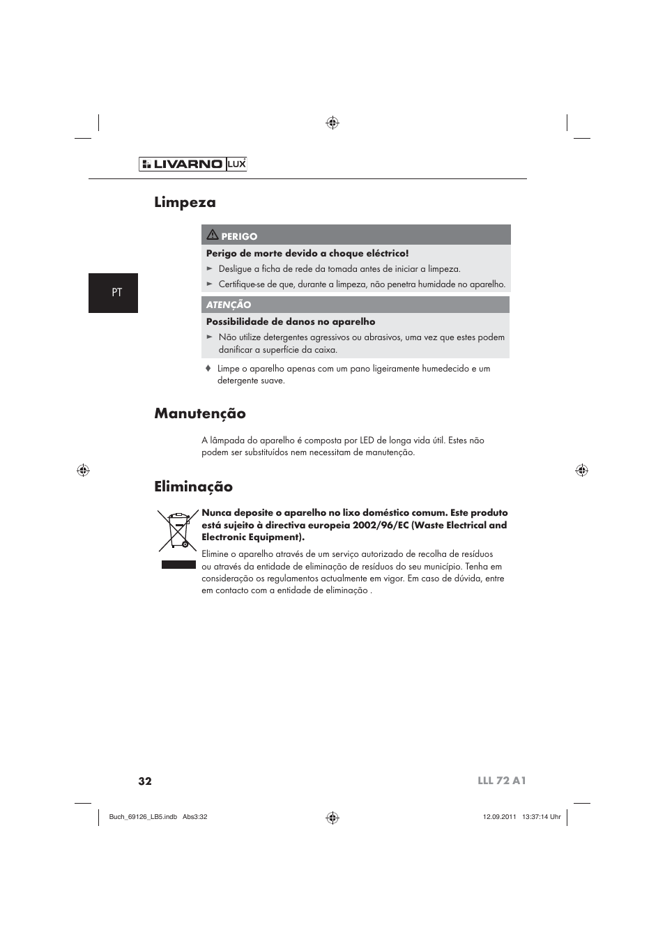 Limpeza, Manutenção, Eliminação | Livarno LLL 72 A1 User Manual | Page 34 / 61