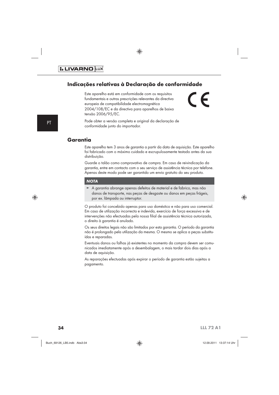 Indicações relativas à declaração de conformidade, Garantia | Livarno LLL 72 A1 User Manual | Page 36 / 61