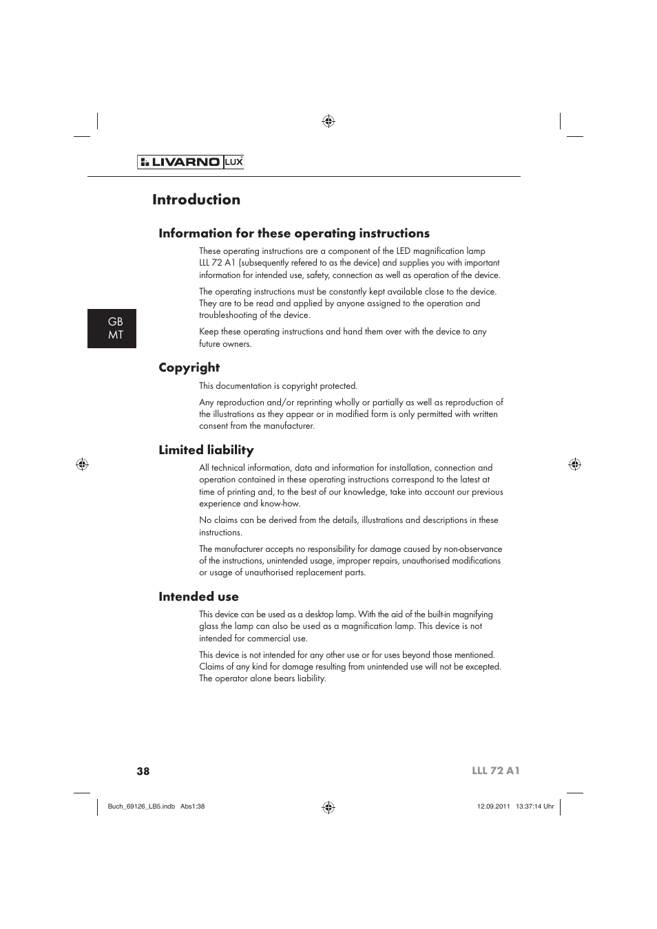 Introduction, Information for these operating instructions, Copyright | Limited liability, Intended use | Livarno LLL 72 A1 User Manual | Page 40 / 61