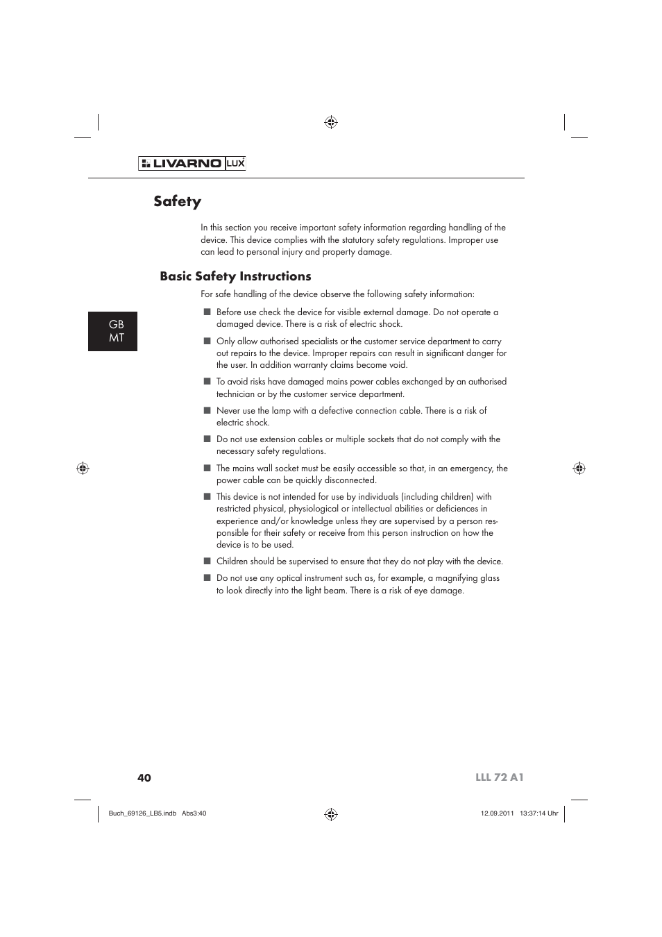 Safety, Basic safety instructions, Gb mt | Livarno LLL 72 A1 User Manual | Page 42 / 61