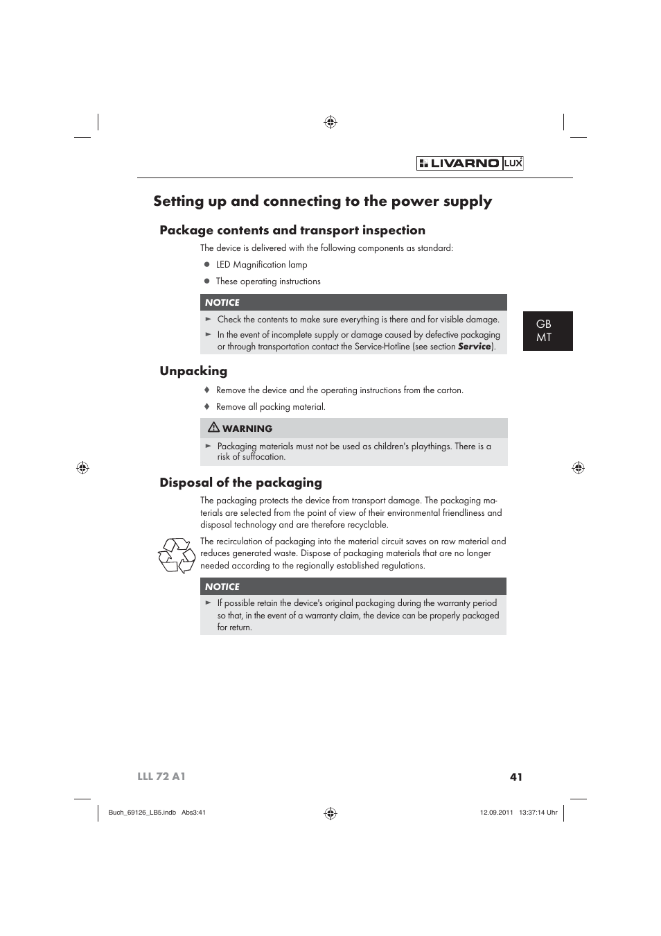 Setting up and connecting to the power supply, Package contents and transport inspection, Unpacking | Disposal of the packaging, Gb mt | Livarno LLL 72 A1 User Manual | Page 43 / 61