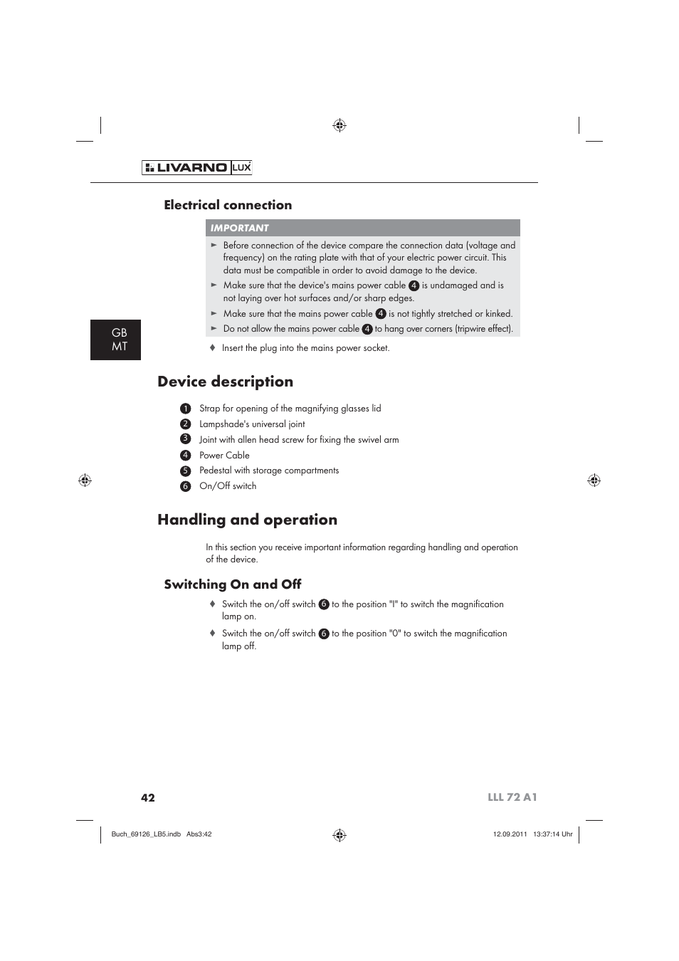 Device description, Handling and operation, Electrical connection | Switching on and oﬀ, Gb mt | Livarno LLL 72 A1 User Manual | Page 44 / 61