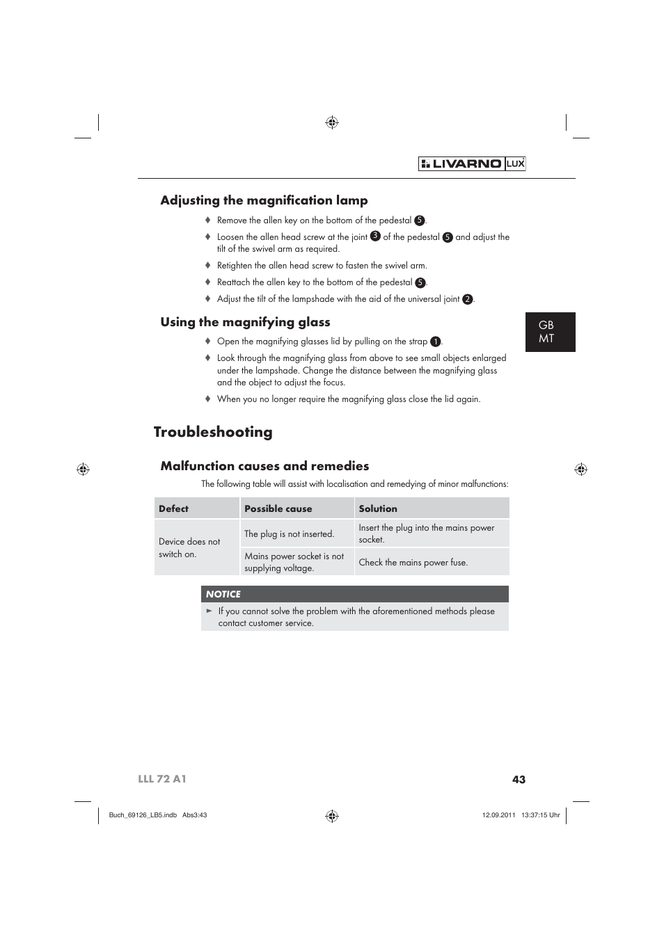 Troubleshooting, Adjusting the magniﬁ cation lamp, Using the magnifying glass | Malfunction causes and remedies, Gb mt | Livarno LLL 72 A1 User Manual | Page 45 / 61