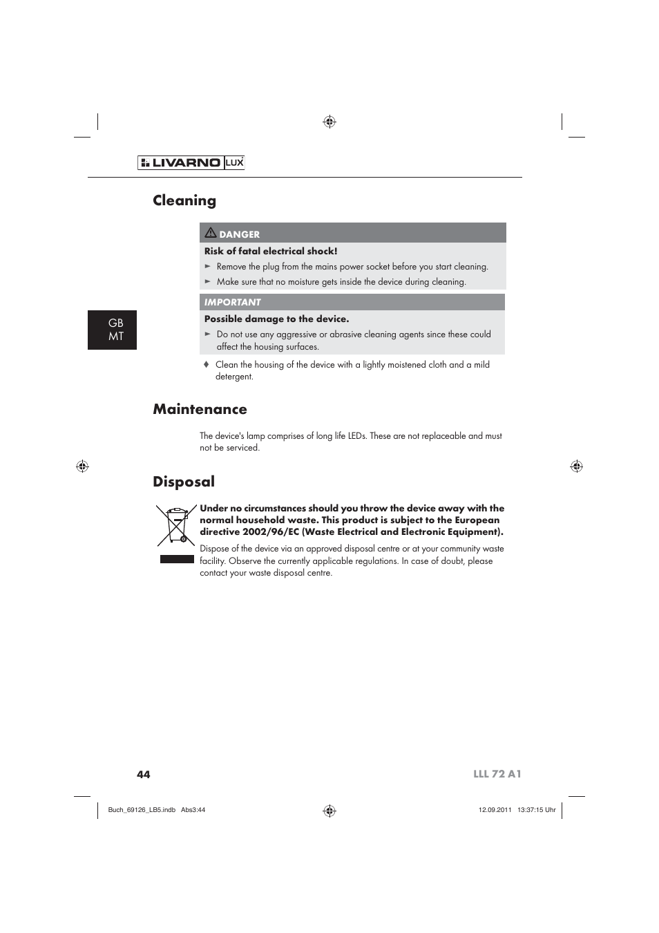 Cleaning, Maintenance, Disposal | Gb mt | Livarno LLL 72 A1 User Manual | Page 46 / 61