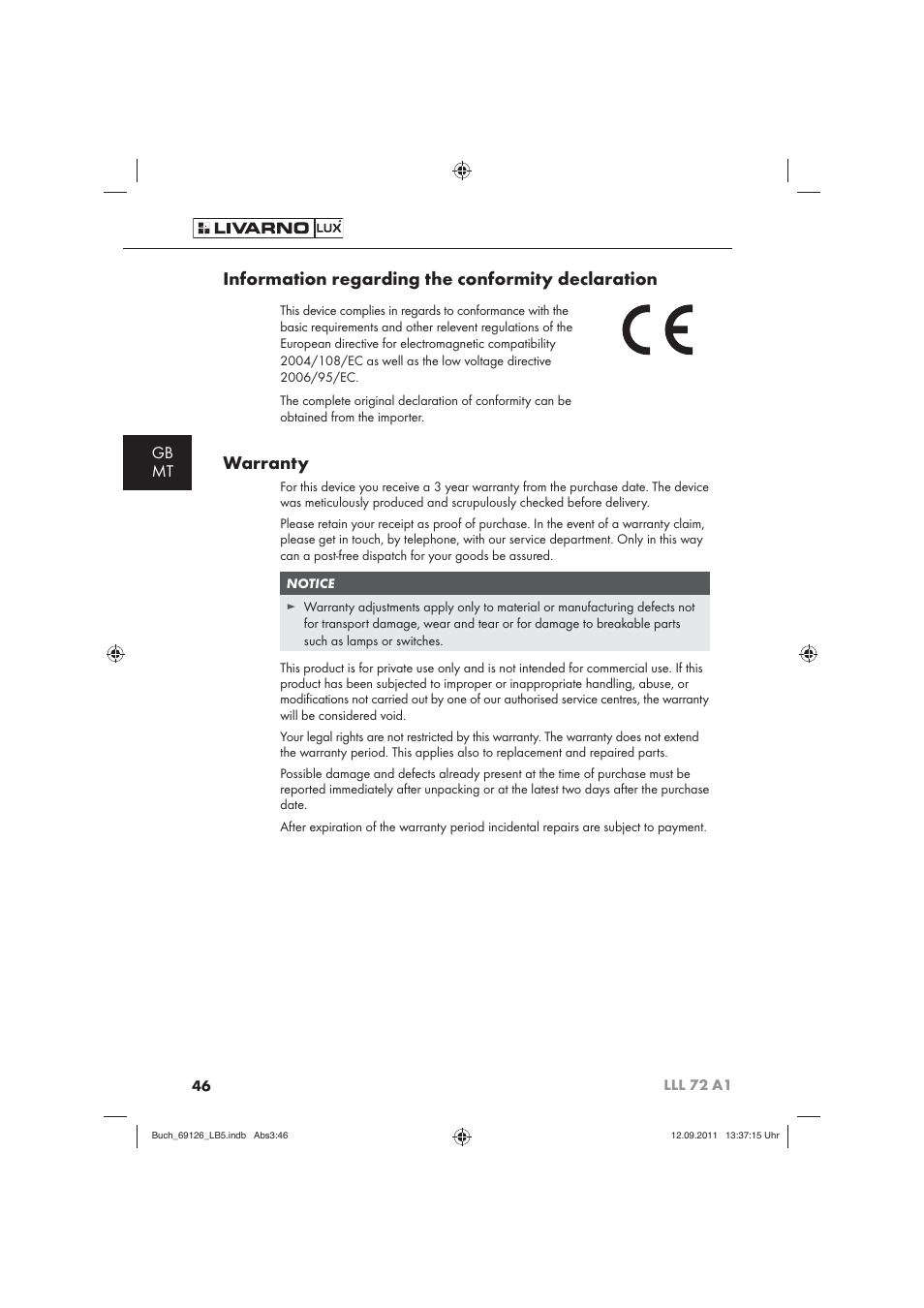 Information regarding the conformity declaration, Warranty, Gb mt | Livarno LLL 72 A1 User Manual | Page 48 / 61