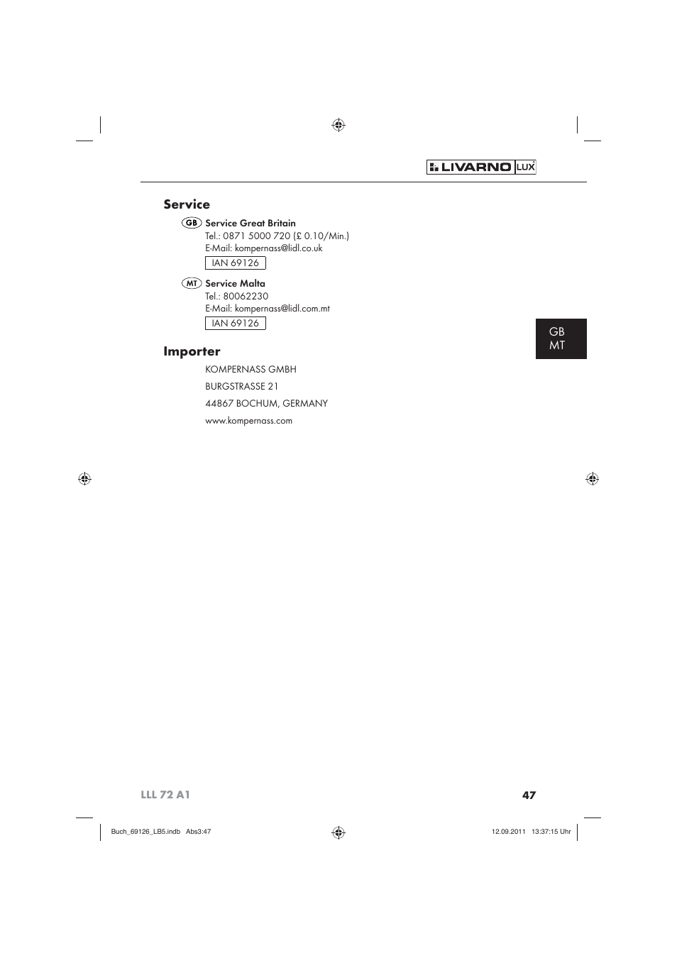 Service, Importer, Gb mt | Livarno LLL 72 A1 User Manual | Page 49 / 61