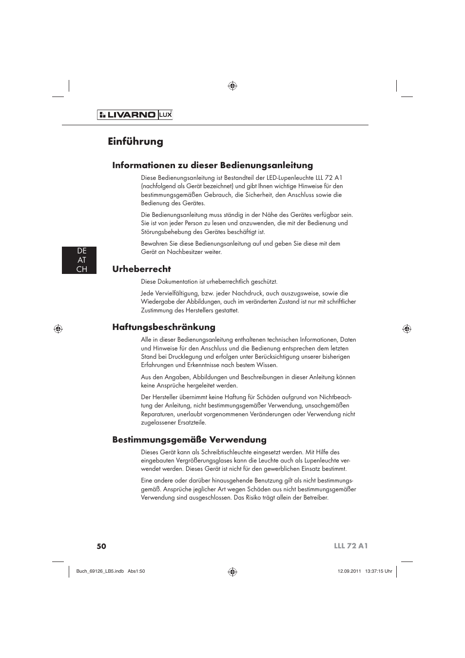 Einführung, Informationen zu dieser bedienungsanleitung, Urheberrecht | Haftungsbeschränkung, Bestimmungsgemäße verwendung | Livarno LLL 72 A1 User Manual | Page 52 / 61