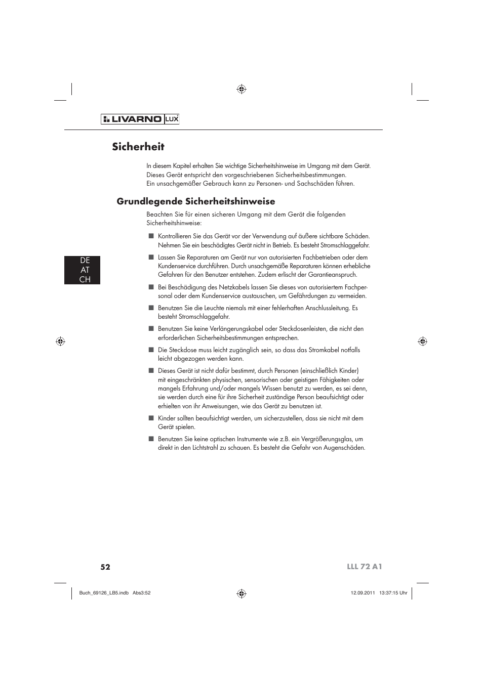 Sicherheit, Grundlegende sicherheitshinweise, De at ch | Livarno LLL 72 A1 User Manual | Page 54 / 61