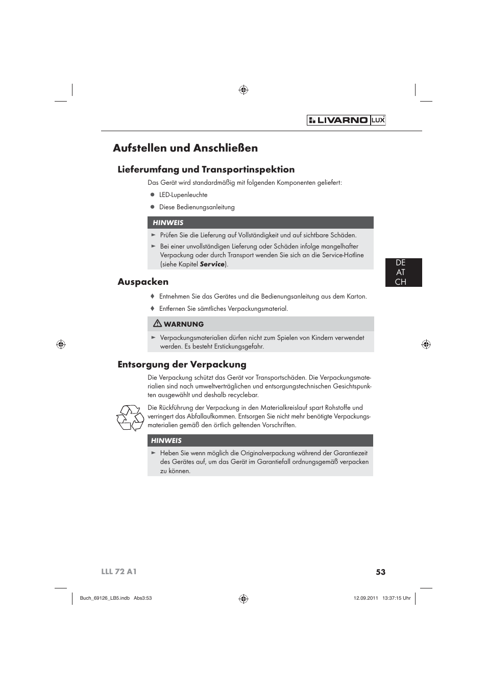 Aufstellen und anschließen, Lieferumfang und transportinspektion, Auspacken | Entsorgung der verpackung, De at ch | Livarno LLL 72 A1 User Manual | Page 55 / 61