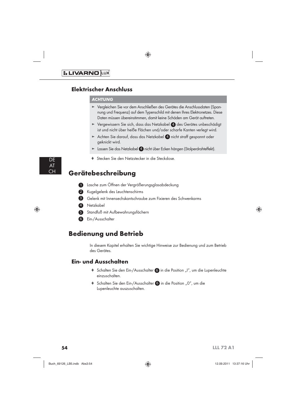 Gerätebeschreibung, Bedienung und betrieb, Elektrischer anschluss | Ein- und ausschalten, De at ch | Livarno LLL 72 A1 User Manual | Page 56 / 61