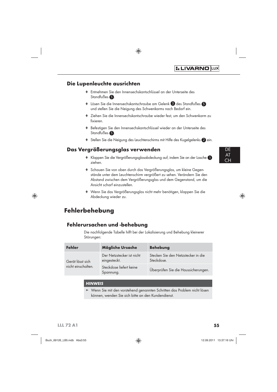 Fehlerbehebung, Die lupenleuchte ausrichten, Das vergrößerungsglas verwenden | Fehlerursachen und -behebung, De at ch | Livarno LLL 72 A1 User Manual | Page 57 / 61