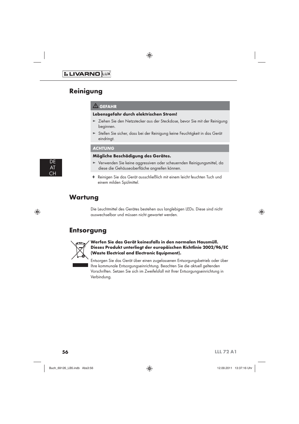 Reinigung, Wartung, Entsorgung | Livarno LLL 72 A1 User Manual | Page 58 / 61