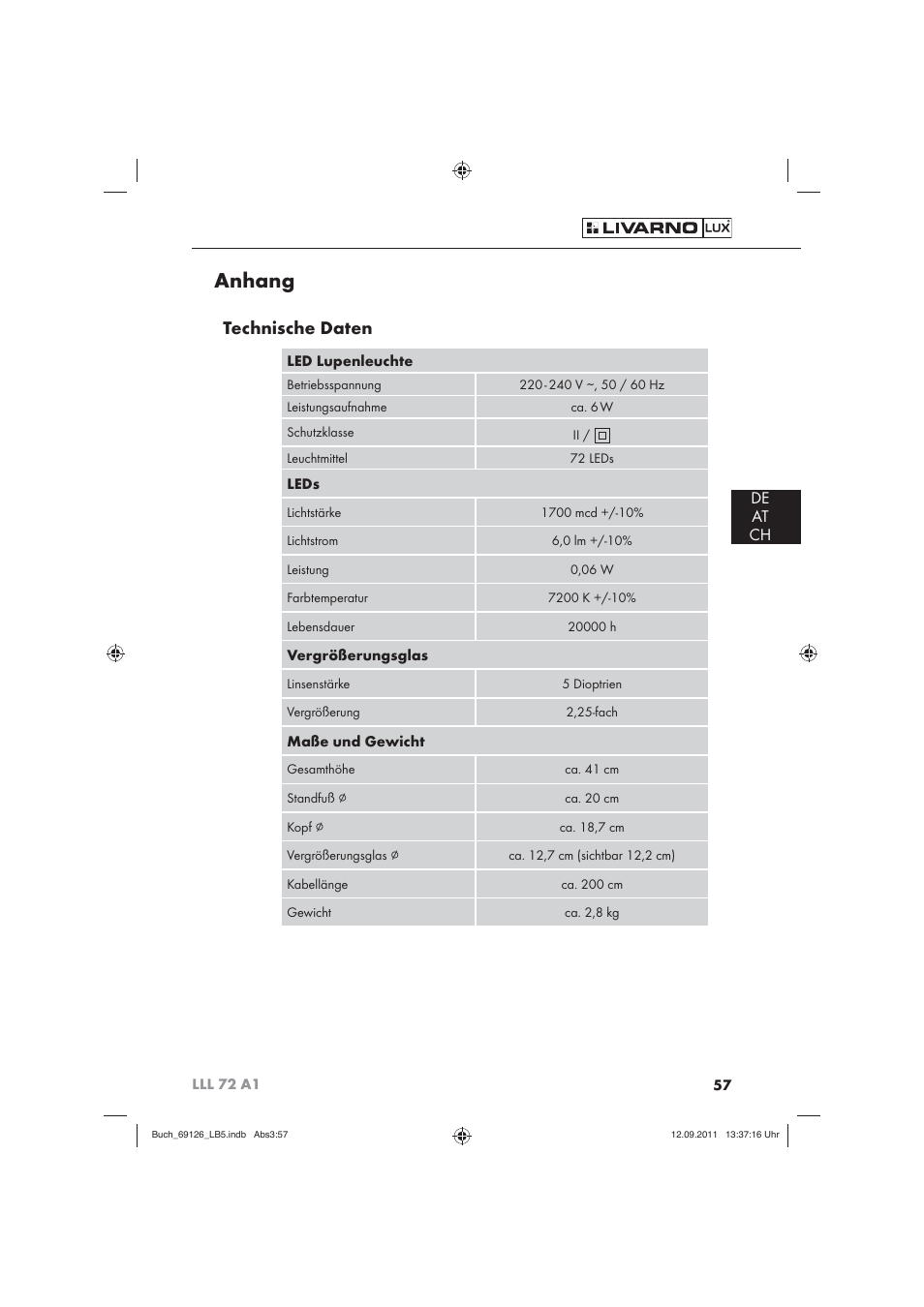 Anhang, Technische daten, De at ch | Livarno LLL 72 A1 User Manual | Page 59 / 61