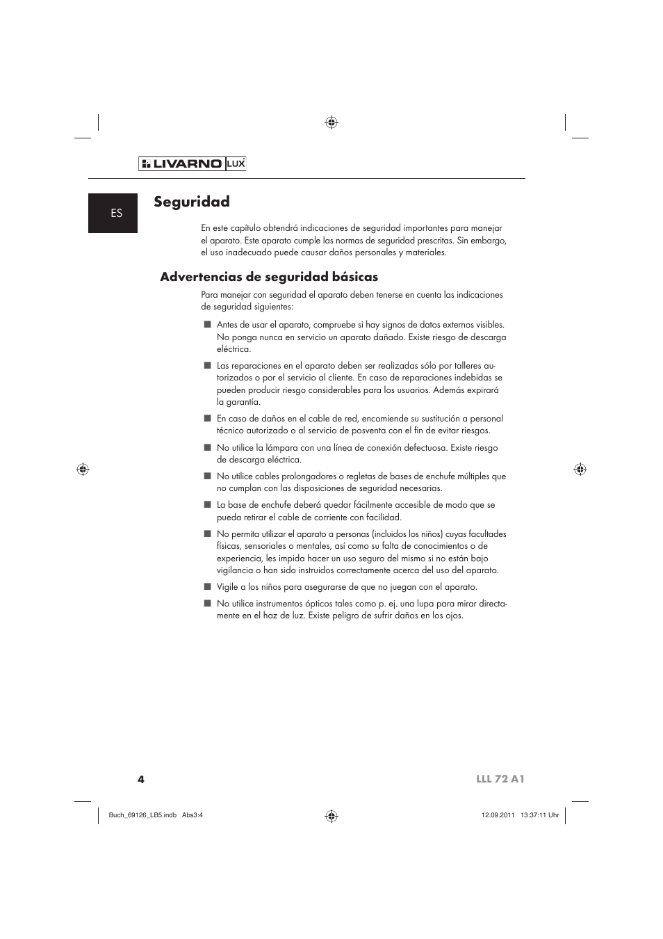 Seguridad, Advertencias de seguridad básicas | Livarno LLL 72 A1 User Manual | Page 6 / 61