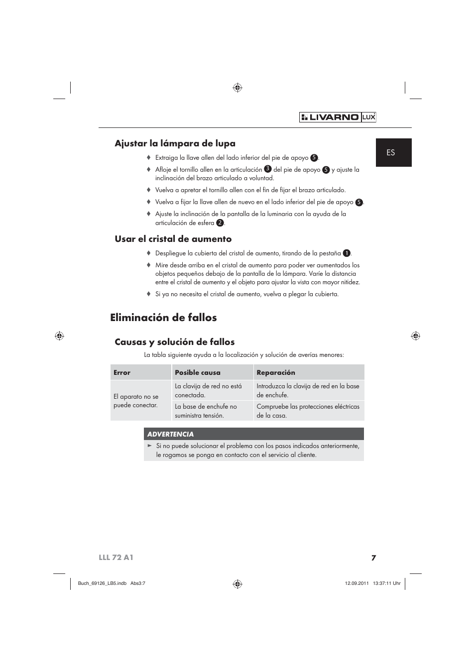 Eliminación de fallos, Ajustar la lámpara de lupa, Usar el cristal de aumento | Causas y solución de fallos | Livarno LLL 72 A1 User Manual | Page 9 / 61