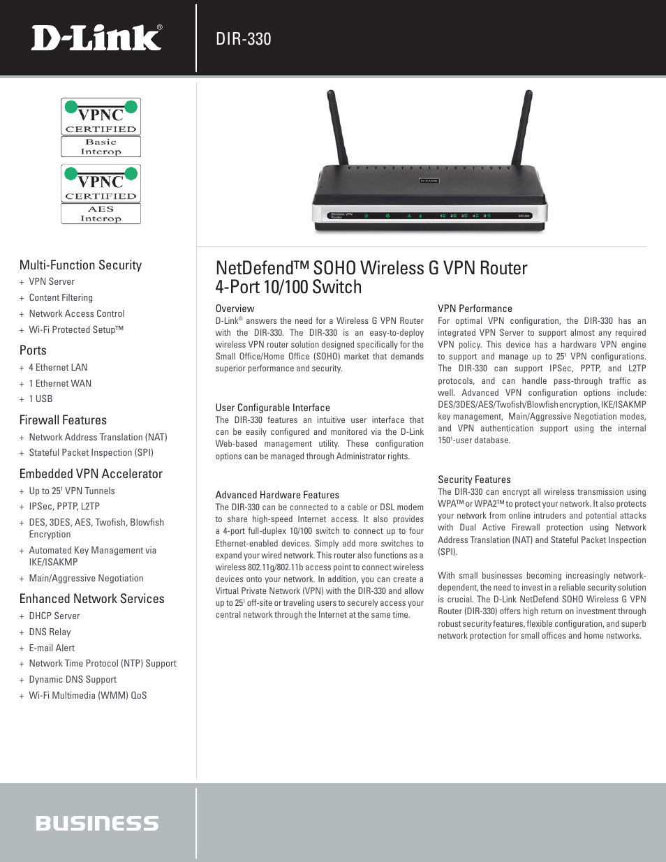 D-Link Wireless G VPN Router DIR-330 User Manual | 2 pages