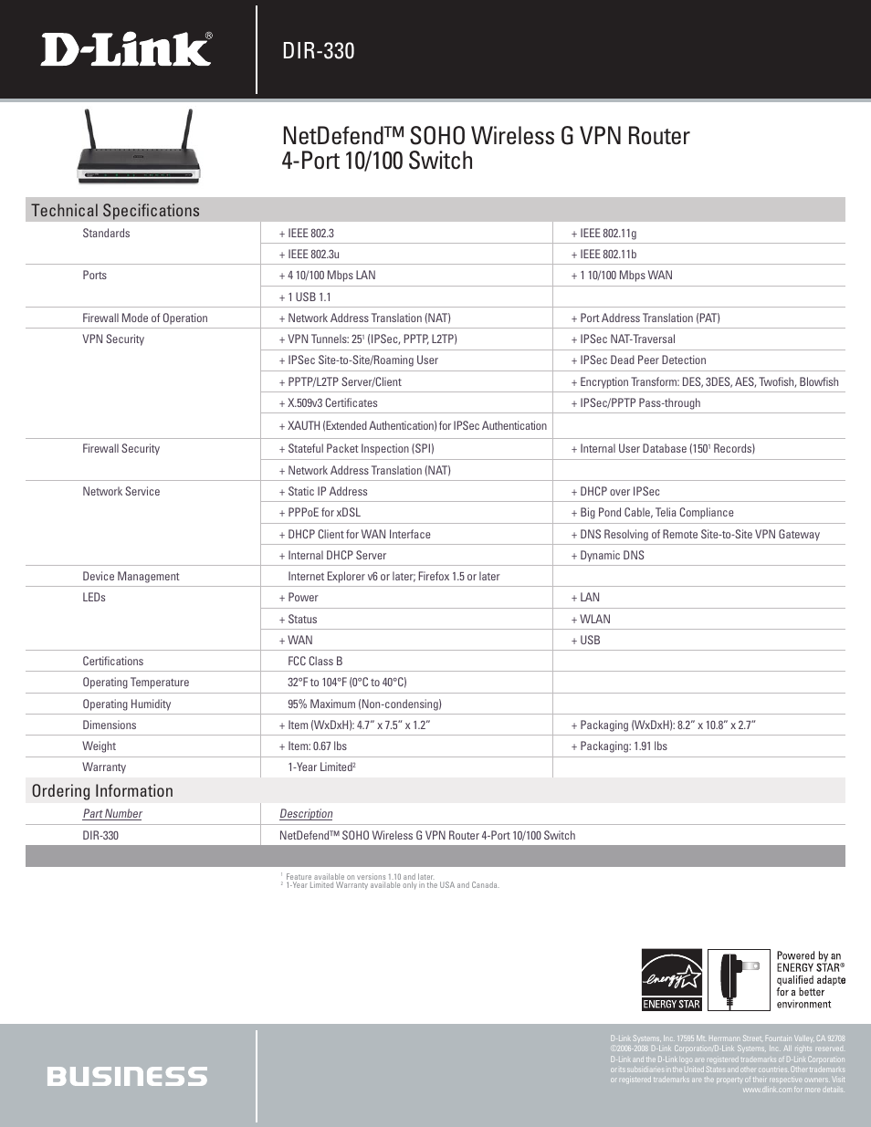 Dir-330, Technical specifications, Ordering information | D-Link Wireless G VPN Router DIR-330 User Manual | Page 2 / 2